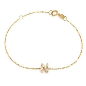 14K Real Yellow Gold  Initial ”N” Single Prong Diamond Bracelet 7+1″